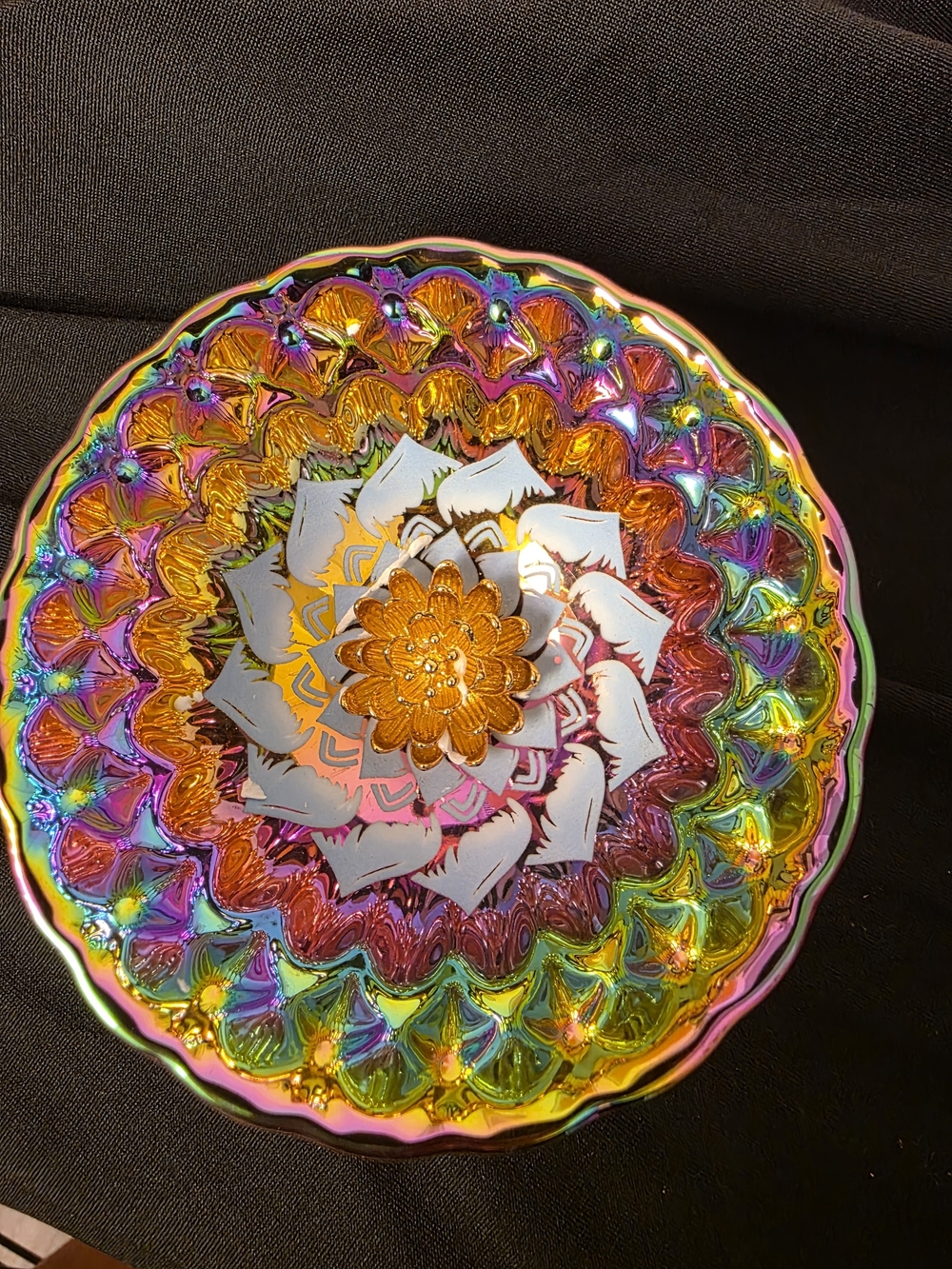 Iridescent Floral Carnival Glass Decorative Plate - Multicolor